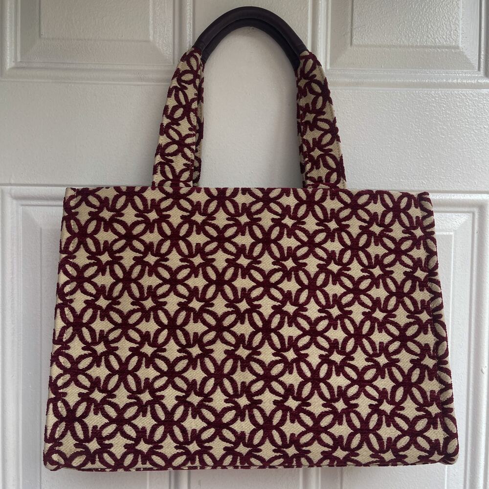 H&M Burgundy Ecru Floral Jacquard Structured Tote Bag Double Handle